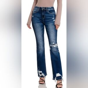 Zenana distressed patched hem flare jeans